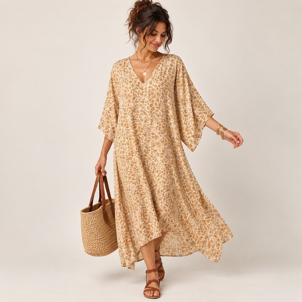 Natalie Martin 100% Silk Floral Caftan Dress M Boho Resort Midi Tunic Pockets